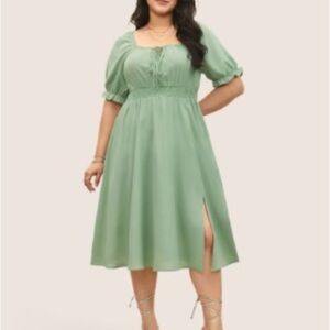 BloomChic Plain Shirred Knot Neck Gathered Slit Hem Dress